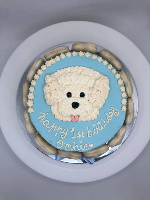 Customized dog Birthday cake with blue frosting, bone biscuits around the cake. Cake customized with a hand drawing of the dog face - white dog - and personalized birthday message
